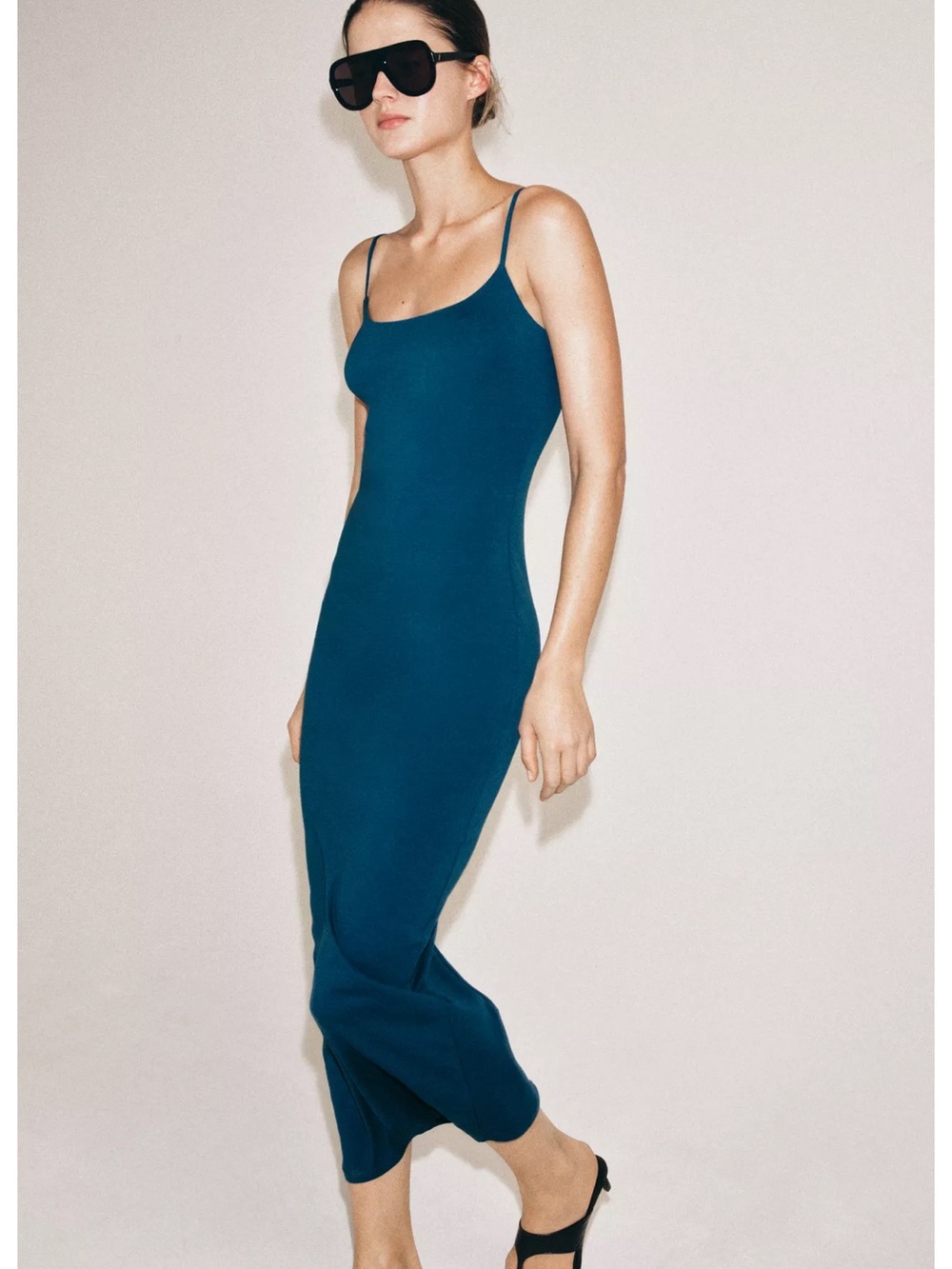 Zara Sleek Teal Slip Maxi Dress with Spaghetti Straps